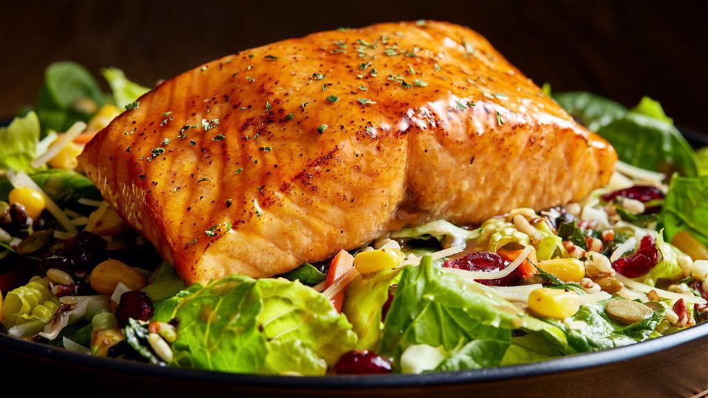 Honey-Glazed Salmon Salad · Romaine, baby spinach, carrots, quinoa, cabbage, corn, dried cranberries, pumpkin seeds, Parmesan and tossed with balsamic vinaigrette.