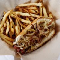 Maxwell Style Polish Sausage W/Fries · Served with mustard and grilled onions.