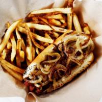 Char Polish W/Fries · Prepared Chicago style which includes mustard, relish, onions, tomato, pickle, sport pepper ...