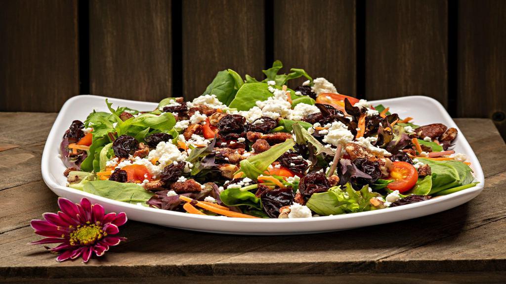 The Michigan · Mixed greens, cherry tomatoes, shredded carrots, red onion, dried cherries, candied pecans, and feta cheese tossed in apple vinaigrette.