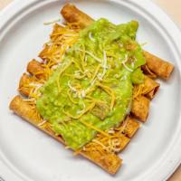 3 Flautas With Guacamole & Cheese · With rice and beans.