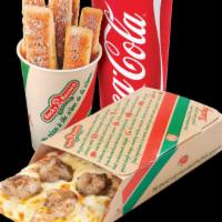 Regular Slice, Breadsticks, Drink Combo · Served with 1 cup of marinara. 1030-1450 cal.