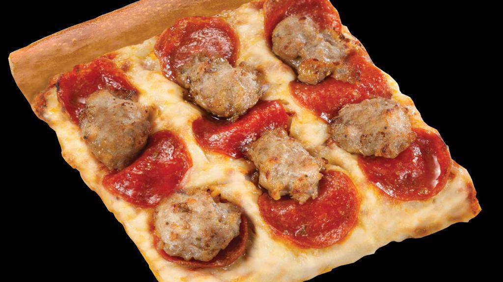 Sausage And Pepperoni Super Slice · 3/4 lb. super slice of our famous pan-style pizza. Includes zesty pizza sauce, Wisconsin mozzarella cheese, hand-pattied Italian sausage and pepperoni. 870 cal.