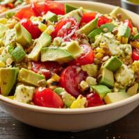 Tomato, Avocado And Mozzarella Salad · Romaine & red leaf lettuce, cherry tomatoes,
avocado, roasted corn, housemade mozzarella,
su...