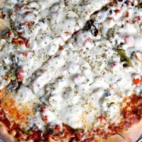 Garden Pizza · Roasted mushrooms, diced green peppers, roasted red peppers, olive mix, Roots pizza sauce an...