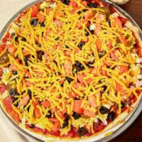 Taco Pizza (9 Ins.) · Tomato sauce, seasoned ground beef, Mozzarella, and Cheddar cheese, chopped lettuce, diced w...