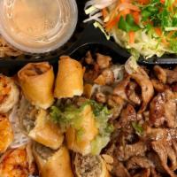 Bun Tom Cha Gio Heo Nuong · Charbroiled pork, 3 grilled shrimp, 2 egg rolls