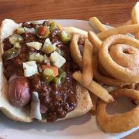 Hot Dog Deluxe Lunch · Served with a bowl of soup and choice of side.