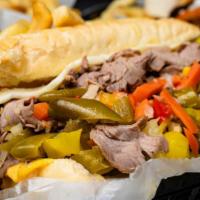 Italian Beef · A sandwich composed of thin slices of seasoned roast beef, simmered and served au jus on a l...