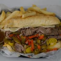Italian Beef With Cheese · A sandwich composed of thin slices of seasoned roast beef, simmered and served au jus on a l...