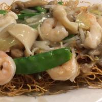 Seafood Pan Fried · Shrimp, scallop, squid, onions, mushrooms, bean sprouts and pea pods.
