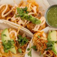 3 Shrimp Tacos · Shrimp dipped in a signature beer-batter and flash-fried in a flour tortilla with lime slaw,...