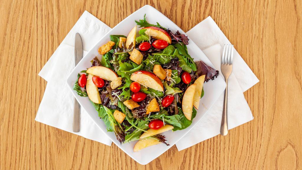 Café Salad · Mixed greens topped with apples, shaved Parmesan cheese, cranberries and croutons. Add chicken for an additional charge.