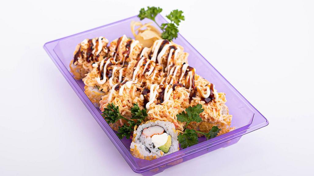 Buckeye Roll (12 Pcs) · Cream cheese, imitation crab stick, avocado, corn flakes and imitation crab salad with mayo and sushi sauce