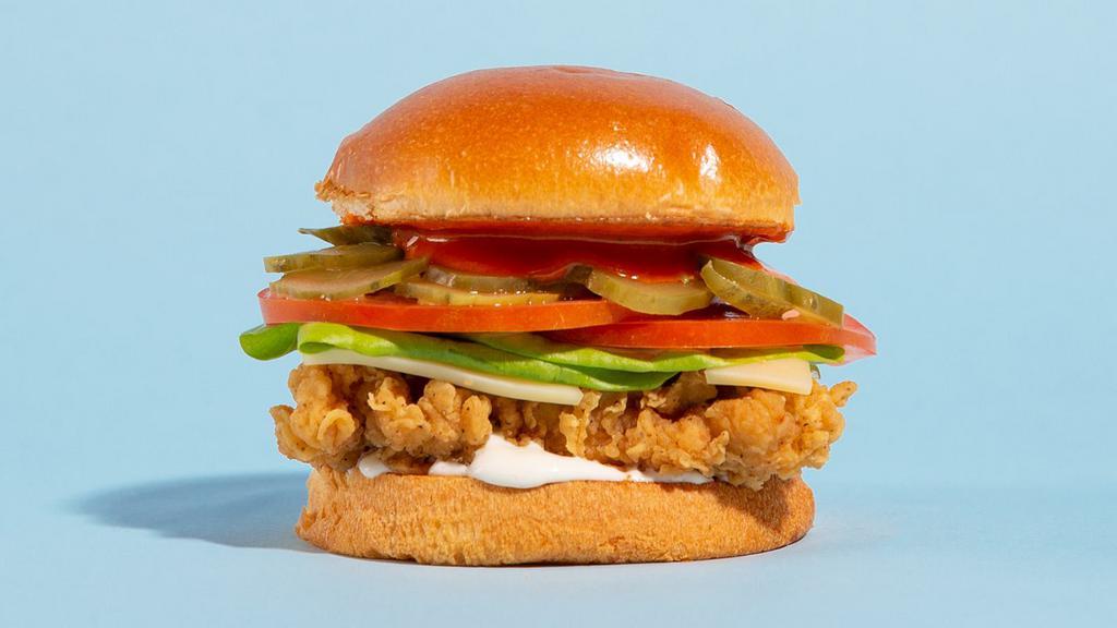 Buffalo Ranch Fried Chicken Sandwich · Buttermilk fried and served on a brioche bun with swiss cheese, ranch dressing, buffalo sauce, topped with tomato, lettuce, pickles, and onions. Served with fries.
