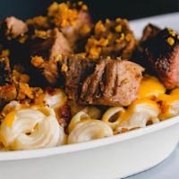 Loaded Mac N Cheese Entree · pasta, queso, shredded cheddar, diced bacon and burnt ends.