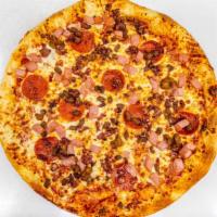 Meat Eater · Pepperoni, ham, ground beef, Italian sausage, bacon, and mozzarella.