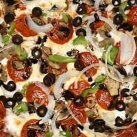 Pride · Pepperoni, ham, Italian sausage, mushrooms, onions, green peppers, black olives, and cheese.