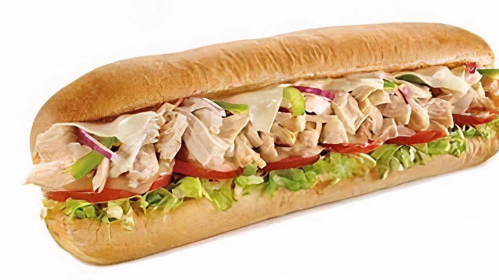 Chicken · Marinated chicken breast strips, onions, green peppers, mozzarella, lettuce, tomatoes, and mayo.
