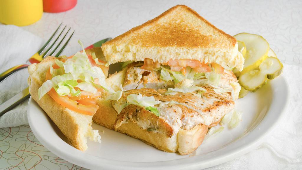 Grilled Chicken Sandwich · A deliciously marinated 6 oz. chicken breast grilled to perfection, and served on grilled French bread. Add lettuce and tomato for an additional charge.