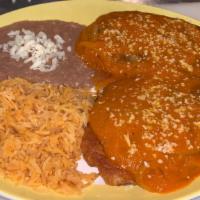 Chile Relleno Dinner · 2 chile rellenos, rice and beans.