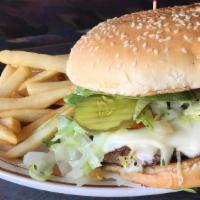 Ginger'S Hamburger · Grilled onions, steak sauce, Swiss cheese, lettuce, tomatoes, and pickles.