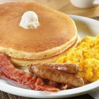 Pancake Scramble · 2 Pancakes, 2 Scrambled eggs, 2 Bacon, 2 sausage links!
1 syrup  and 2 butters included.