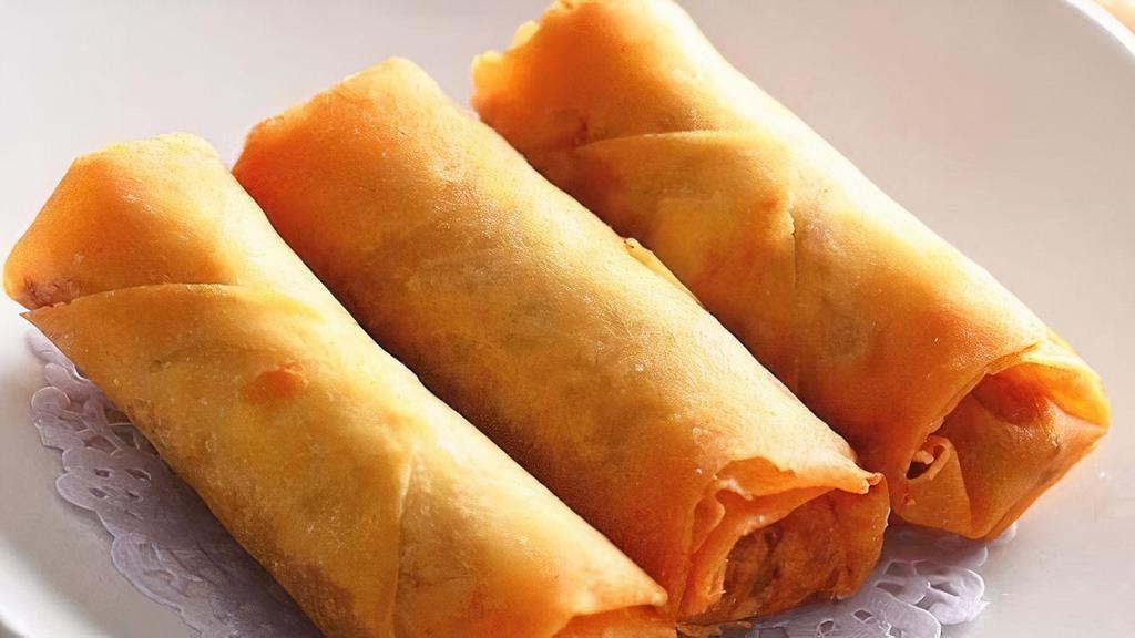 Crispy Egg Roll (3) · Fried homemade egg roll stuffed with cabbage, clear noodles, carrot, and celery served with sweet and sour sauce.