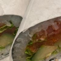 Sushi Burrito · Spicy tuna wrap in a big roll, green leaf, scallion, cucumber, avocado, mayo, unagi sauce, c...