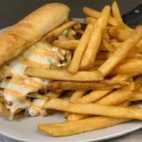 Cajun Chicken Philly · Diced Cajun chicken, melted mozzarella cheese, sautéed green peppers and onions on a hoagie ...