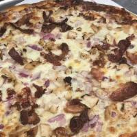 Bold Bbq Chicken Pizza · Reps bold bbq sauce loaded with grilled chicken, onion, and bacon. Covered with melted chees...