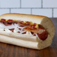 Traffic Jam Dog · ¼ lb all beef “Nathan’s Famous” Hot Dog with bacon, cream cheese, sauteed onions, spicy must...