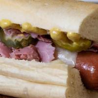 Pastrami Dog · ¼ lb all beef “Nathan’s Famous” Hot Dog with pastrami, swiss, pickle spear, spicy mustard, o...