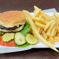Cheese Burger · Grilled ground meat, topped with cheese, and served with fries