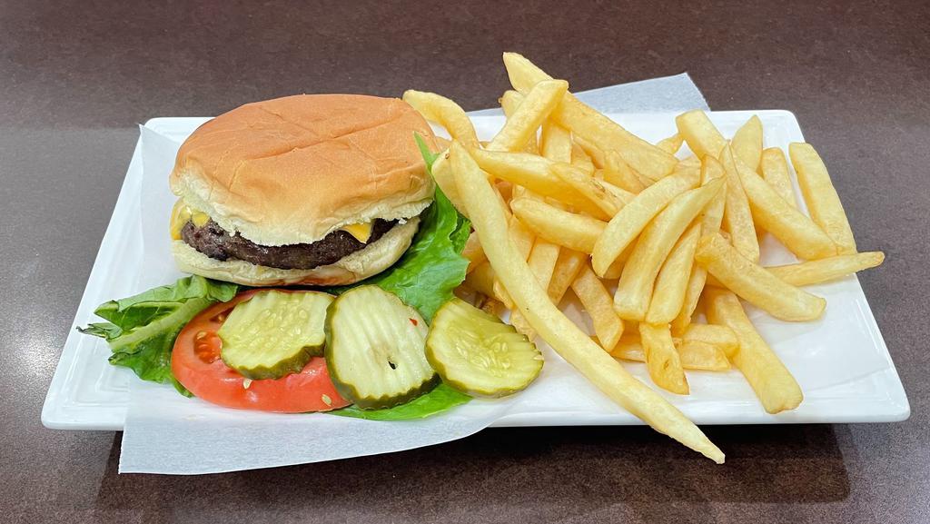 Cheese Burger · Grilled ground meat, topped with cheese, and served with fries