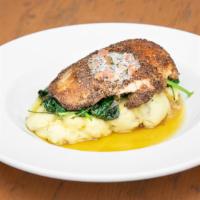 Spice Crusted Salmon · Peppercorn/coriander/Himalayan pink salt blend, Yukon gold mashed, wilted spinach, Belgian B...