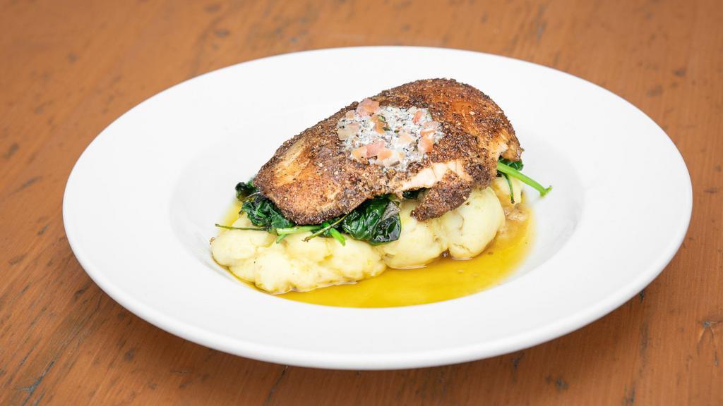 Spice Crusted Salmon · Peppercorn/coriander/Himalayan pink salt blend, Yukon gold mashed, wilted spinach, Belgian Blond Ale compound butter
