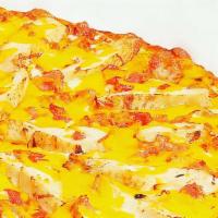 Medium Chicken Bbq Pizza · Grilled chicken, BBQ sauce, onions, bacon, and mozzarella cheese topped with cheddar cheese.