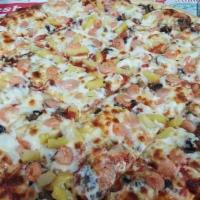 Hawaiian Thin Crust Pizza · Ham, Canadian bacon, pineapple, and your choice of BBQ sauce or tomato with mozzarella.