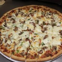 Mexican Pizza Deep Dish Pizza · Ground beef, jalapeño, green peppers, sliced tomato, onions, and topped with mozzarella.