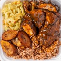 Bbq Jerk Chicken Bowl · Jerk chicken,rice & beans,sauteed mixed vegetable, fried plantains and signture sauce