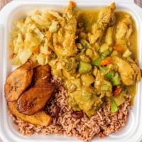 Curry Chicken Bowl · Curry chicken, rice & beans,sauteed mixed vegetable and fried plantains