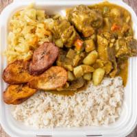 Curry Goat Bowl · Curry Goat, rice & beans, sauteed mixed vegetable and fried plantains