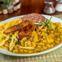 Curry Tofu With Chickpeas Bowl · Curry tofu/w chickpeas, rice & beans,sauteed mixed vegetable and fried plantains