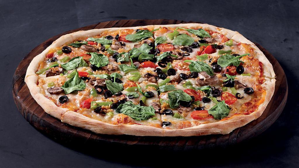 Vegetable Delight  · Classic red sauce, mozzarella, diced tomatoes, diced mushrooms, diced green peppers, black olives, garlic, spinach (450-900 cal.)