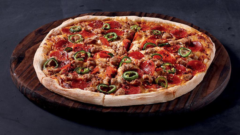 The Spicy Devil  · Spicy red sauce, mozzarella, pepperoni, Italian sausage, jalapenos, crushed red peppers (530-1190 cal.)