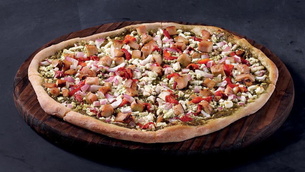 Chicken Pesto  · Basil Pesto sauce, feta, shredded rotisserie chicken, diced red onions, diced red peppers (500-970 cal.)