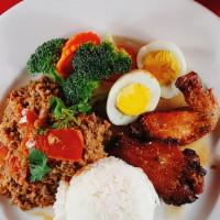 Combo Two · Nam Prik Ong (pork chili), Boiled Egg, Fried Wings, Thai Ice Tea.