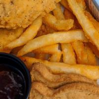 Kid'S Chicken Strips · Includes fries, juice box and choice of sauce.