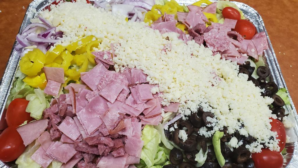 Antipasto Salad (Large - Serves 4) · Lettuce, tomato, black olives, red onion, mild peppers, mozzarella cheese, ham & salami. Served with Italian dressing.